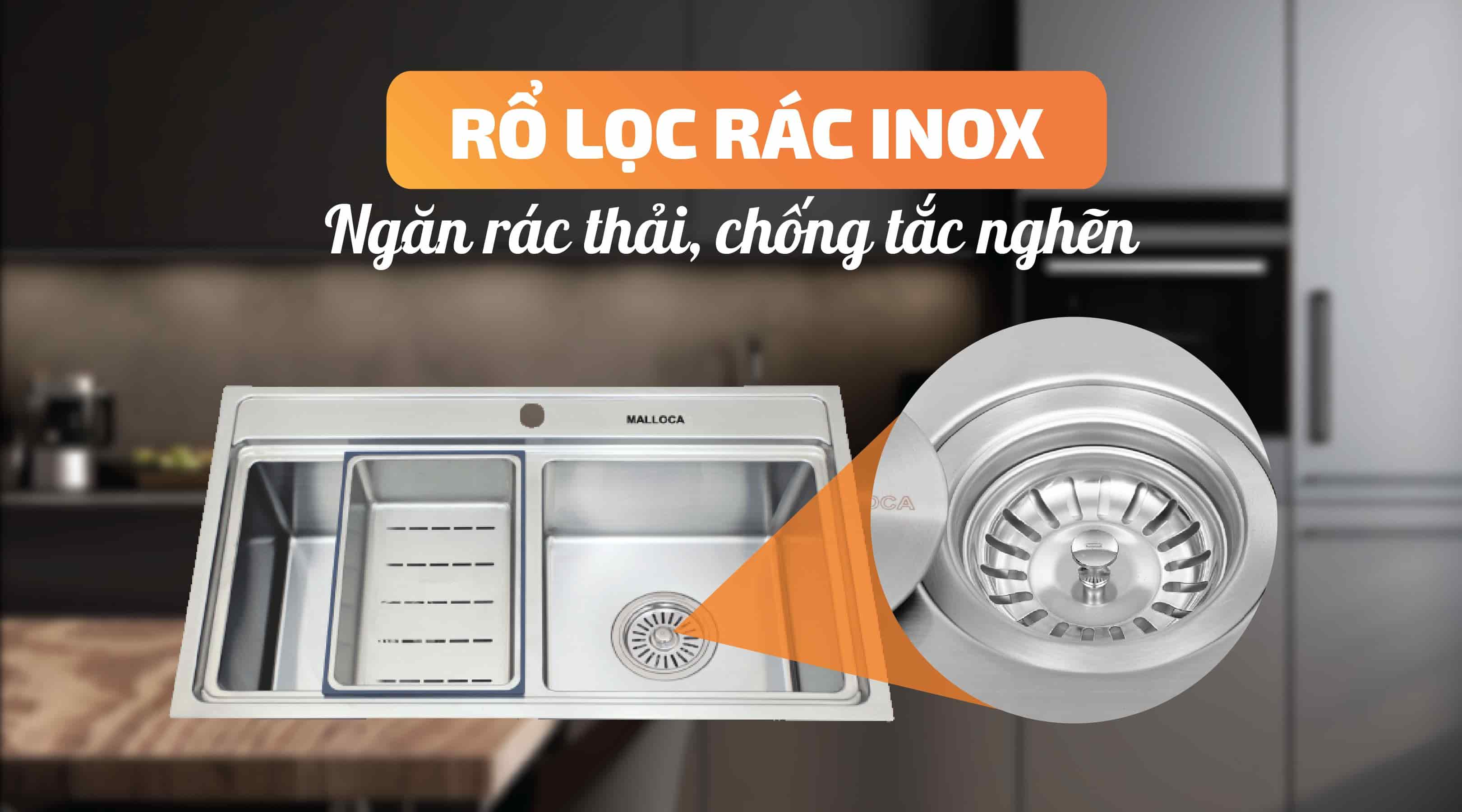 Chậu rửa chén Mallocs MS 8812 - Rổ lọc rác Inox